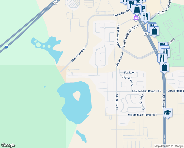 map of restaurants, bars, coffee shops, grocery stores, and more near 258 Sunset View Drive in Davenport