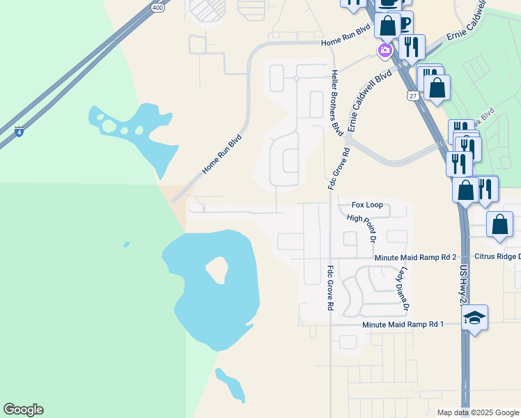 map of restaurants, bars, coffee shops, grocery stores, and more near 258 Sunset View Drive in Davenport