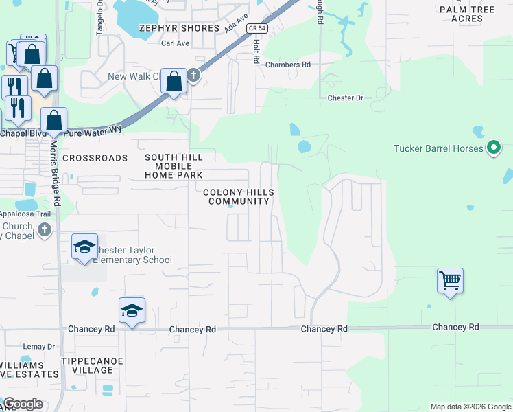 map of restaurants, bars, coffee shops, grocery stores, and more near 3943 William Hume Drive in Zephyrhills