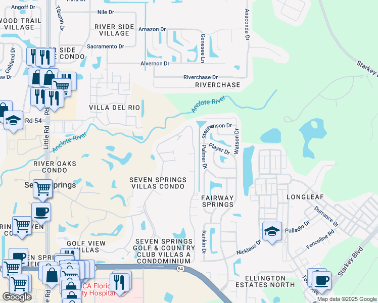 map of restaurants, bars, coffee shops, grocery stores, and more near 3825 Teeside Drive in New Port Richey