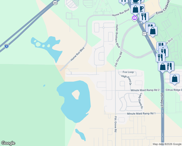 map of restaurants, bars, coffee shops, grocery stores, and more near 258 Sunset View Drive in Davenport