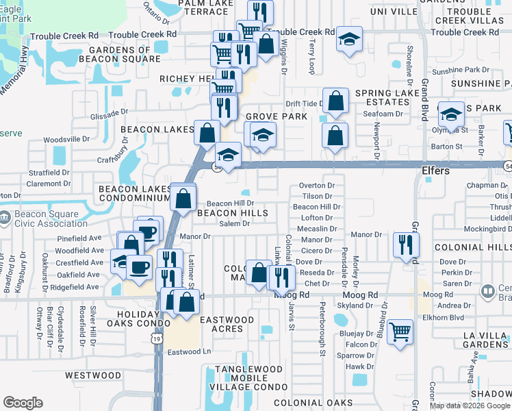 map of restaurants, bars, coffee shops, grocery stores, and more near 3820 Habana Street in New Port Richey