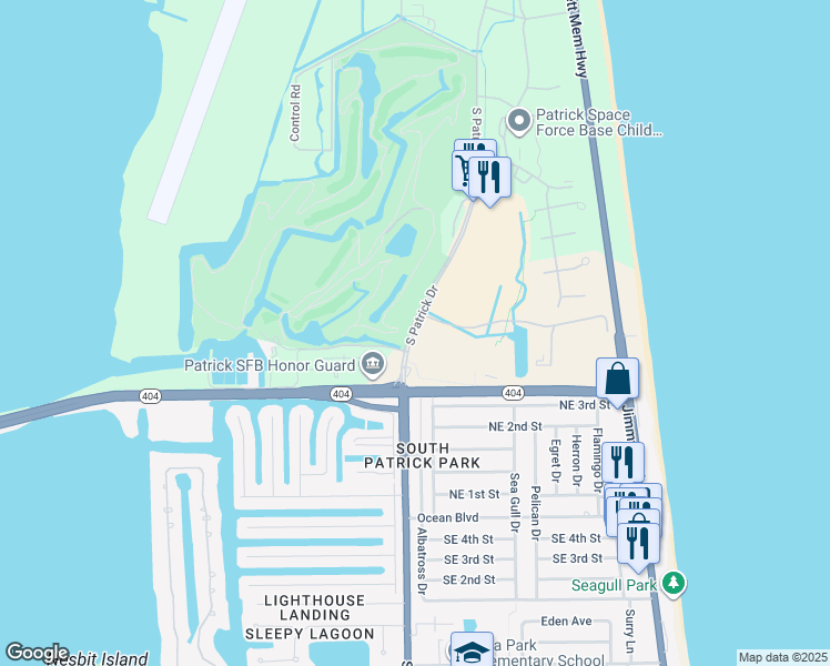map of restaurants, bars, coffee shops, grocery stores, and more near 1343 South Patrick Drive in Satellite Beach
