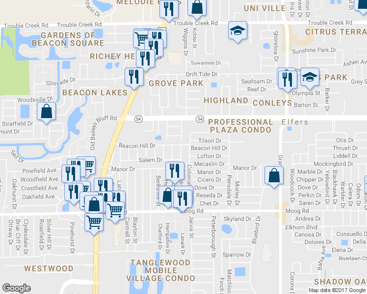 map of restaurants, bars, coffee shops, grocery stores, and more near 3820 Linkwood Street in New Port Richey