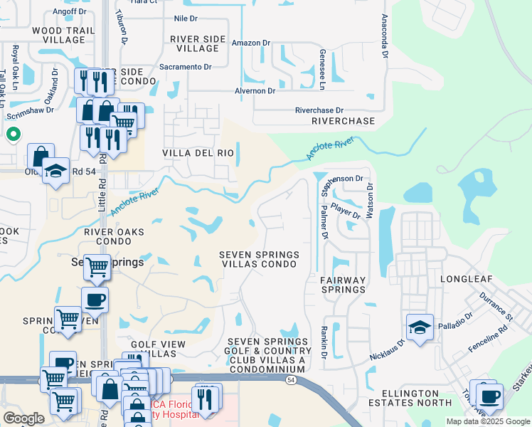 map of restaurants, bars, coffee shops, grocery stores, and more near 9609 Midiron Court in New Port Richey