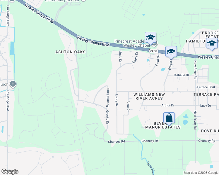 map of restaurants, bars, coffee shops, grocery stores, and more near 3947 Loury Drive in Zephyrhills