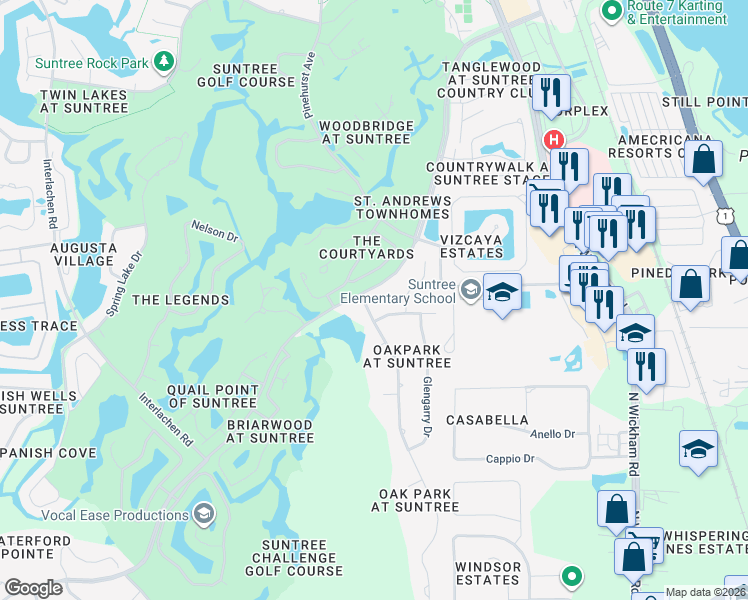 map of restaurants, bars, coffee shops, grocery stores, and more near 701 Oak Park Drive in Melbourne