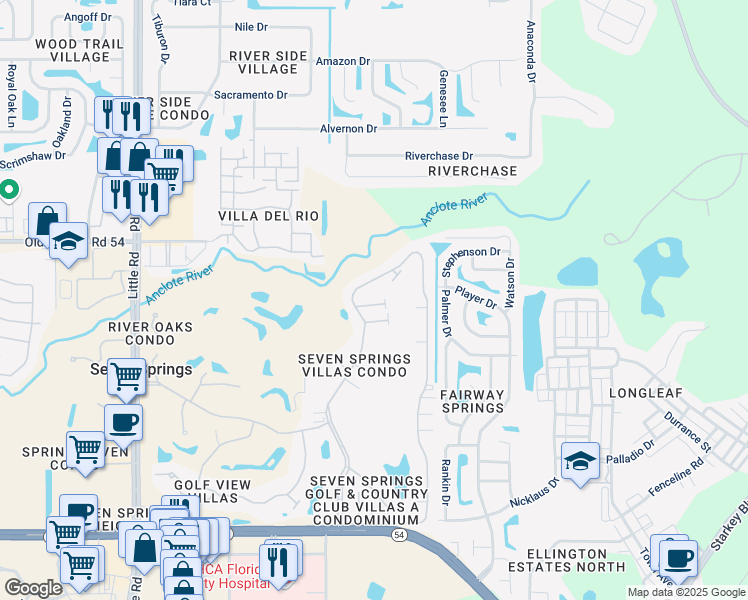map of restaurants, bars, coffee shops, grocery stores, and more near 9609 Midiron Court in New Port Richey