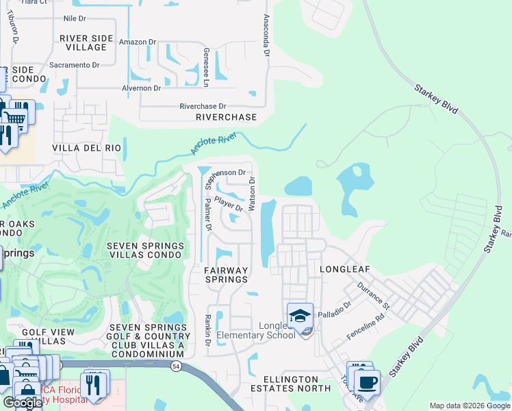 map of restaurants, bars, coffee shops, grocery stores, and more near 3822 Watson Drive in New Port Richey