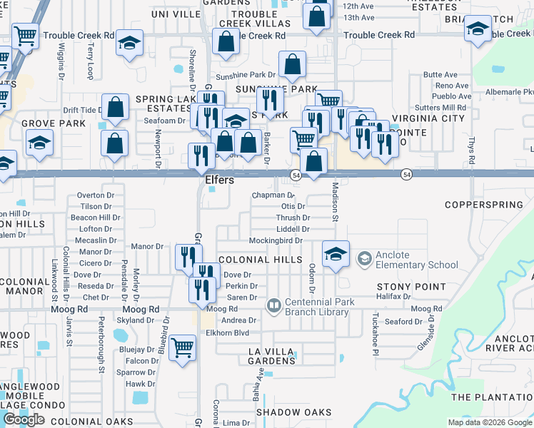 map of restaurants, bars, coffee shops, grocery stores, and more near 5738 Otis Drive in Port Richey