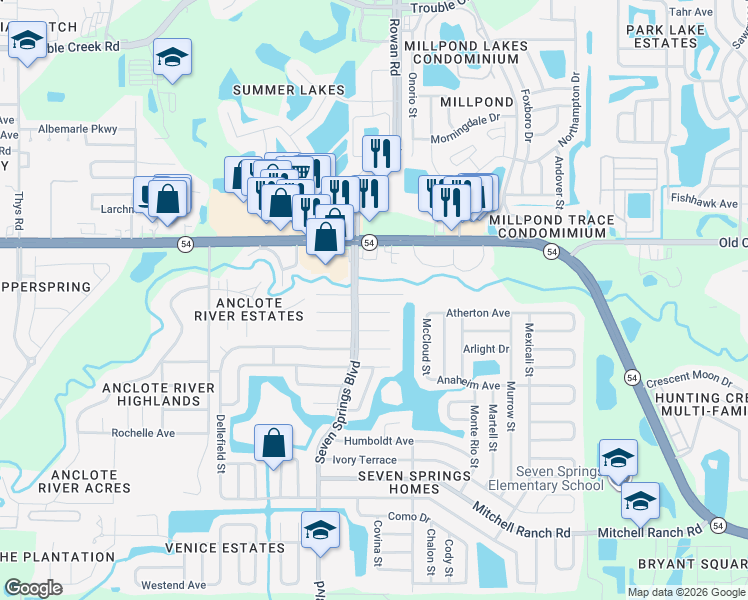 map of restaurants, bars, coffee shops, grocery stores, and more near 7418 Riverbank Drive in New Port Richey
