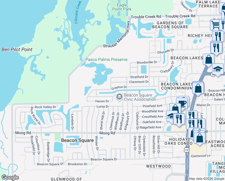 map of restaurants, bars, coffee shops, grocery stores, and more near 3834 Grayton Drive in New Port Richey
