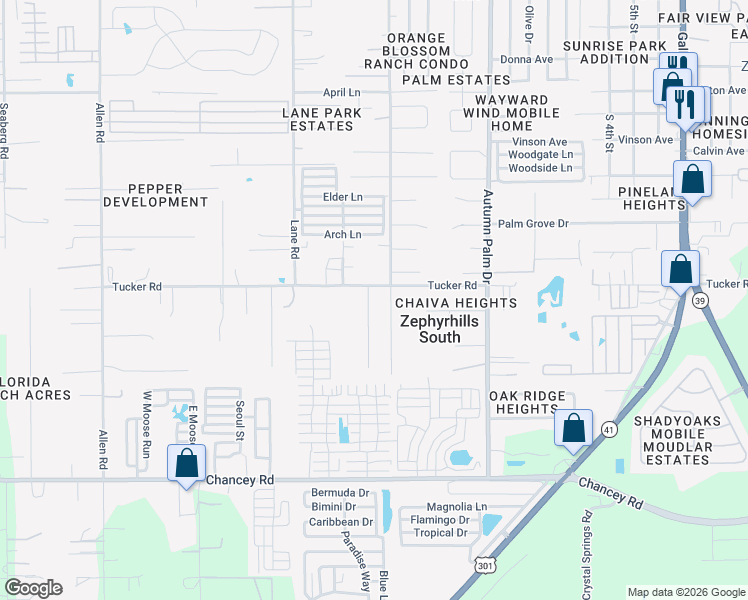 map of restaurants, bars, coffee shops, grocery stores, and more near 3937 Court Street in Zephyrhills