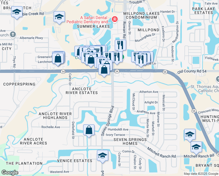 map of restaurants, bars, coffee shops, grocery stores, and more near 7326 Riverbank Drive in New Port Richey
