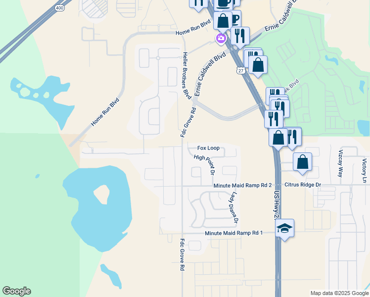 map of restaurants, bars, coffee shops, grocery stores, and more near 509 High Point Drive in Davenport