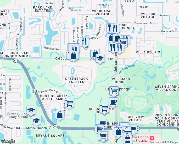 map of restaurants, bars, coffee shops, grocery stores, and more near 8701 Wind Mill Drive in New Port Richey
