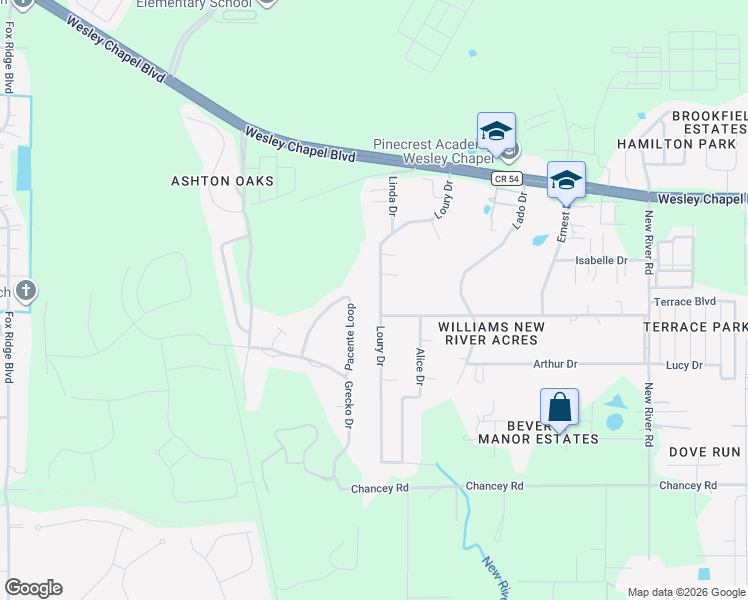 map of restaurants, bars, coffee shops, grocery stores, and more near 3947 Loury Drive in Zephyrhills