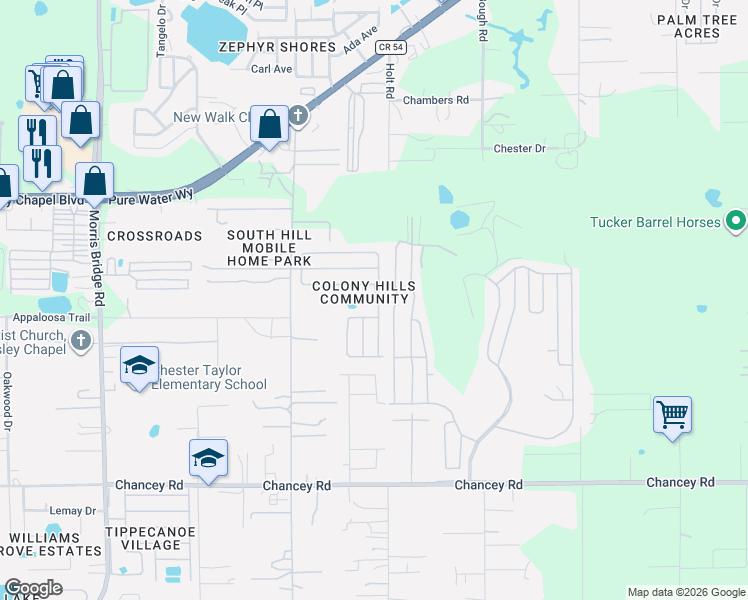map of restaurants, bars, coffee shops, grocery stores, and more near 3943 William Hume Drive in Zephyrhills
