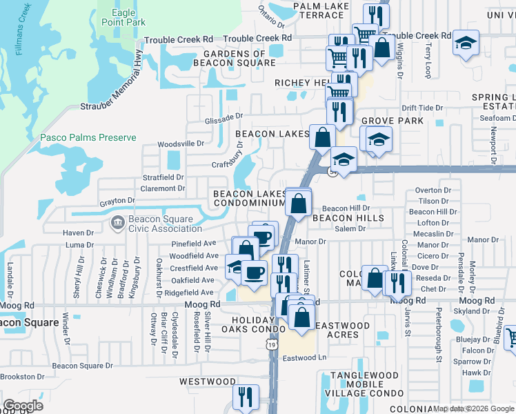 map of restaurants, bars, coffee shops, grocery stores, and more near 4439 Pelorus Drive in New Port Richey