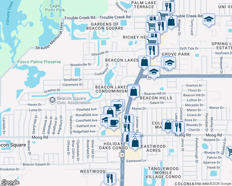 map of restaurants, bars, coffee shops, grocery stores, and more near 3834 Lanyard Court in Port Richey