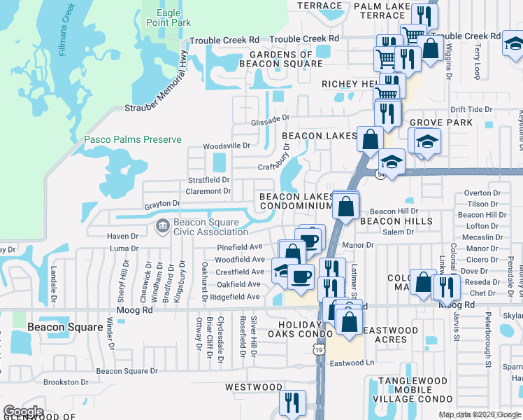 map of restaurants, bars, coffee shops, grocery stores, and more near 3838 Edgemont Drive in New Port Richey