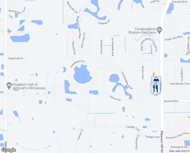 map of restaurants, bars, coffee shops, grocery stores, and more near 2879 Sweetspire Circle in Kissimmee