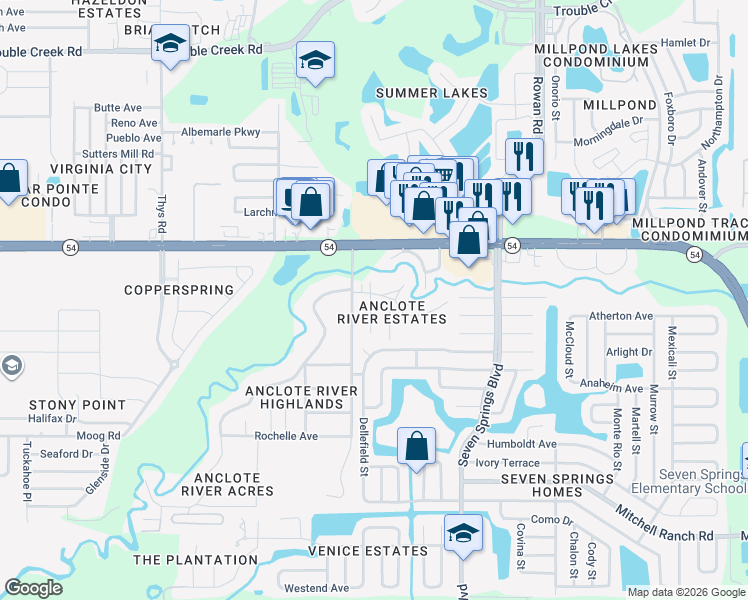 map of restaurants, bars, coffee shops, grocery stores, and more near 3836 Ford Street in New Port Richey