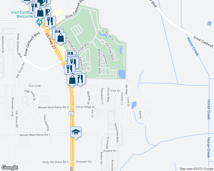 map of restaurants, bars, coffee shops, grocery stores, and more near 359 Vizcay Way in Davenport