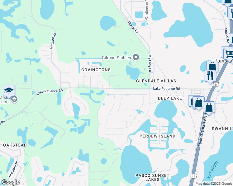 map of restaurants, bars, coffee shops, grocery stores, and more near 20847 Lake Patience Road in Land O' Lakes