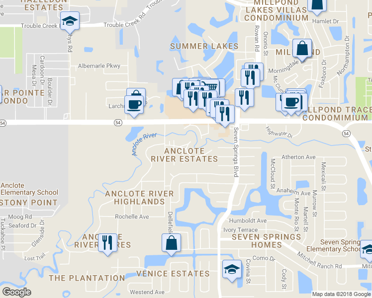 map of restaurants, bars, coffee shops, grocery stores, and more near 3801 Streamside Lane in New Port Richey