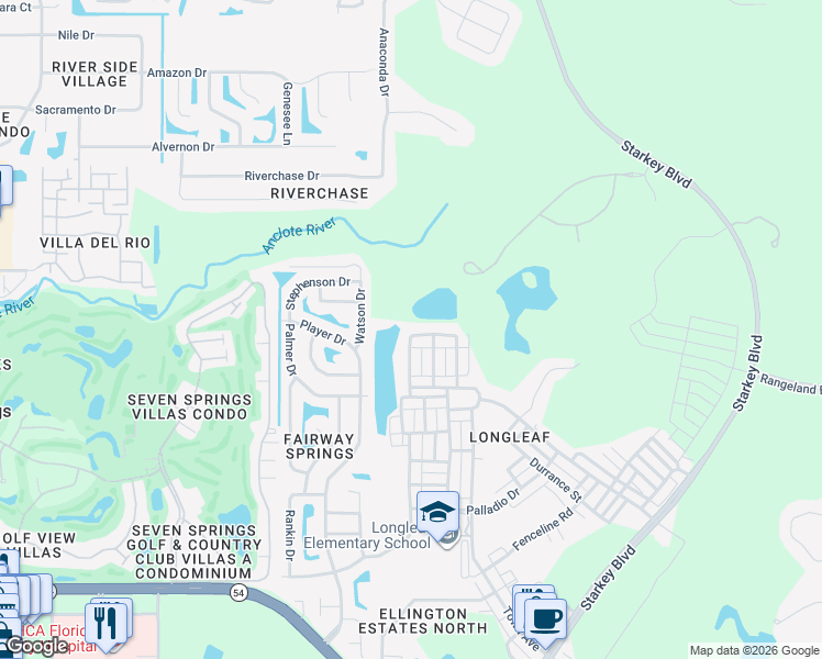 map of restaurants, bars, coffee shops, grocery stores, and more near 10101 Mizner Street in New Port Richey