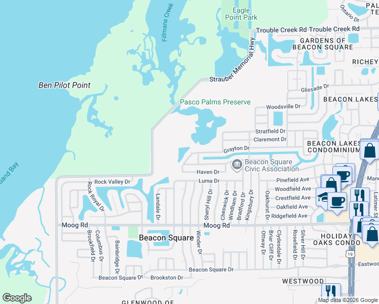 map of restaurants, bars, coffee shops, grocery stores, and more near 3641 Grayton Drive in New Port Richey