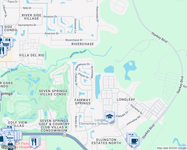 map of restaurants, bars, coffee shops, grocery stores, and more near 3822 Watson Drive in New Port Richey