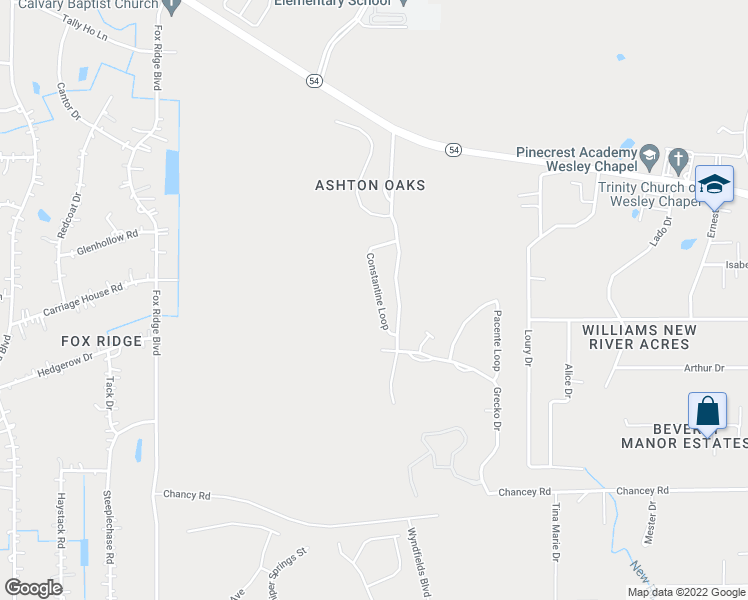 map of restaurants, bars, coffee shops, grocery stores, and more near 3955 Constantine Loop in Wesley Chapel