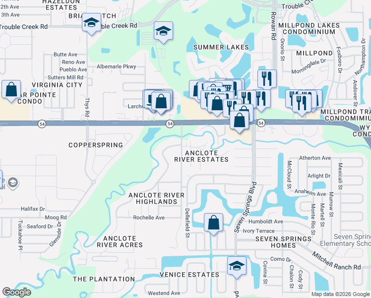 map of restaurants, bars, coffee shops, grocery stores, and more near 3836 Ford Street in New Port Richey