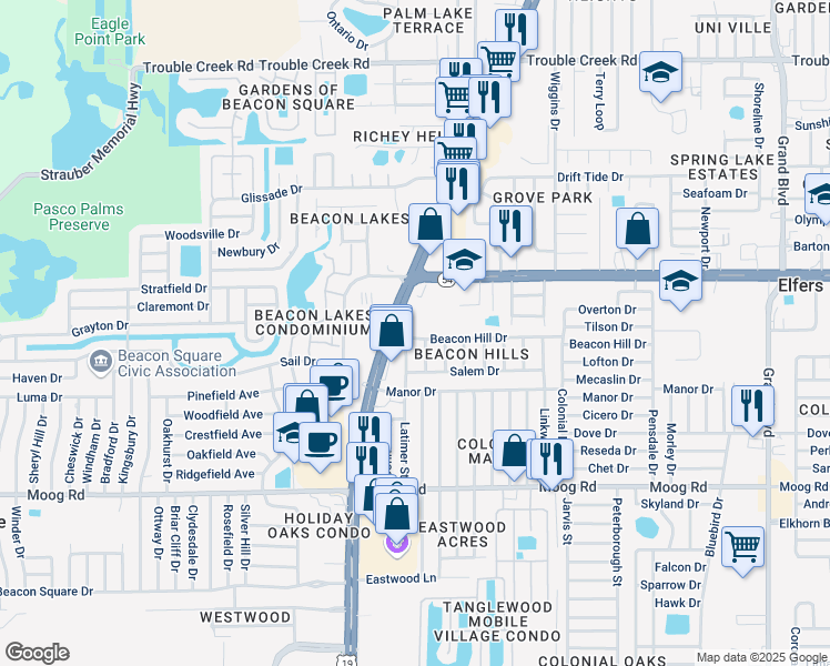 map of restaurants, bars, coffee shops, grocery stores, and more near 4641 Beacon Hill Drive in New Port Richey