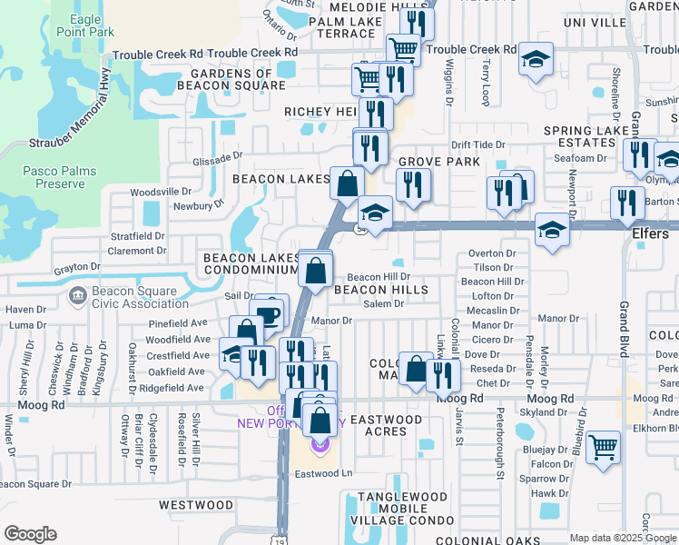 map of restaurants, bars, coffee shops, grocery stores, and more near 4647 Beacon Hill Drive in New Port Richey