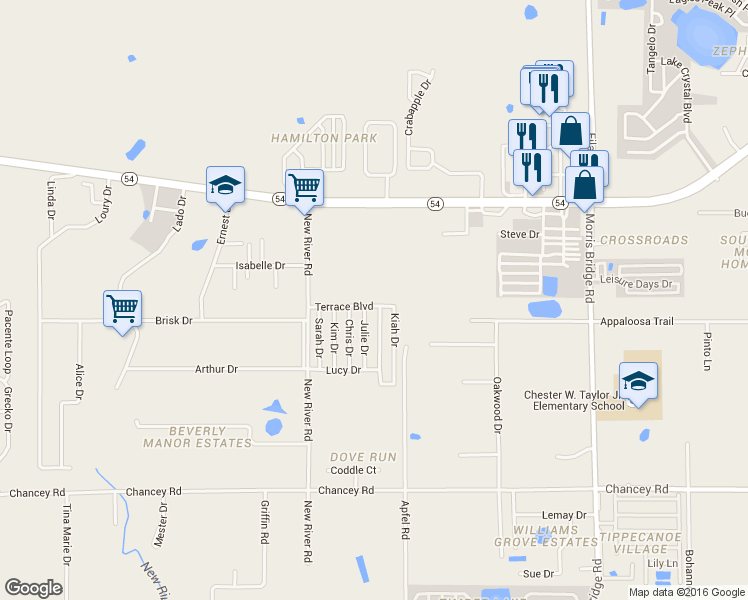map of restaurants, bars, coffee shops, grocery stores, and more near 33913 Terrace Boulevard in Zephyrhills