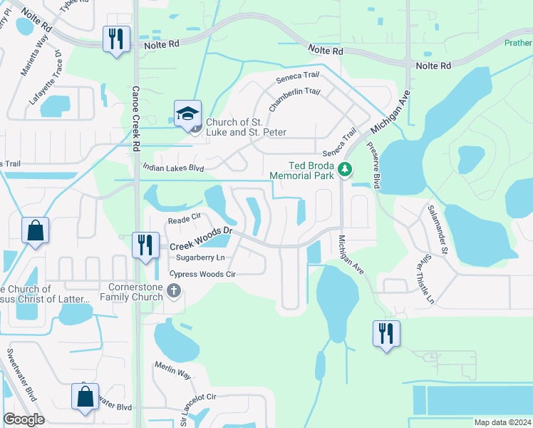 map of restaurants, bars, coffee shops, grocery stores, and more near 1324 Woodlake Circle in St. Cloud