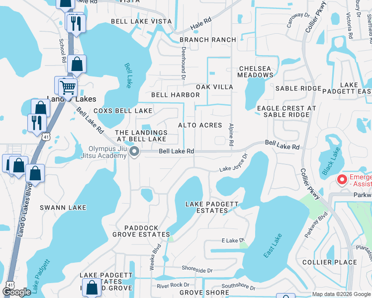 map of restaurants, bars, coffee shops, grocery stores, and more near 22307 Bell Lake Road in Land O' Lakes