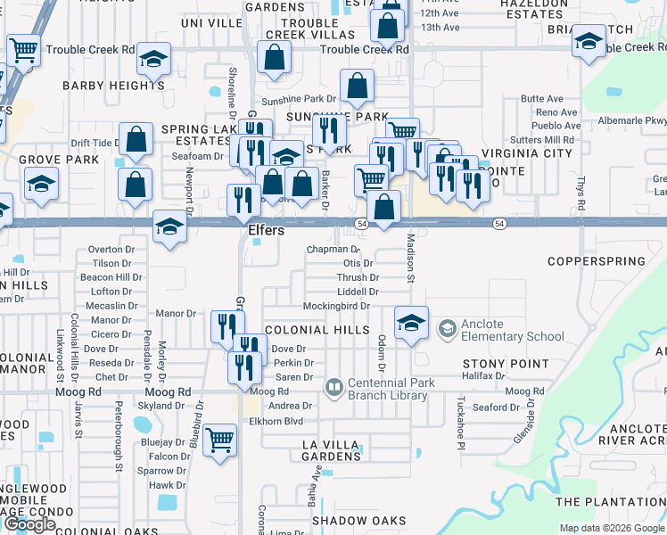 map of restaurants, bars, coffee shops, grocery stores, and more near 5738 Otis Drive in Port Richey