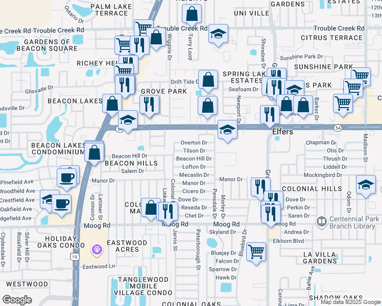 map of restaurants, bars, coffee shops, grocery stores, and more near 5102 Tilson Drive in New Port Richey