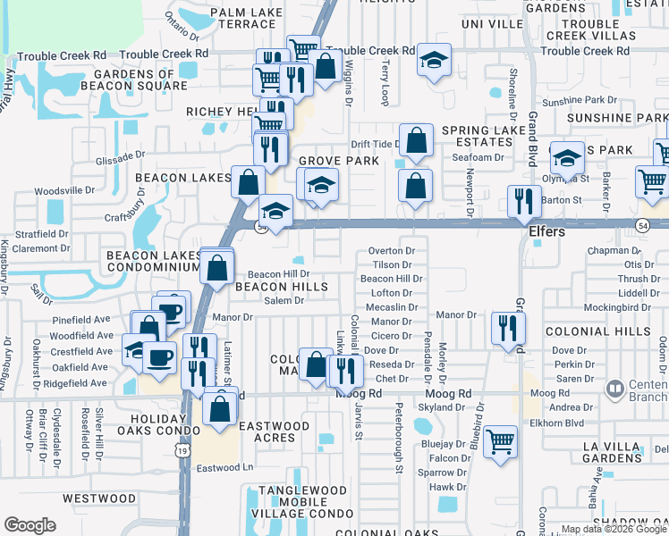map of restaurants, bars, coffee shops, grocery stores, and more near 4933 Beacon Hill Drive in Port Richey