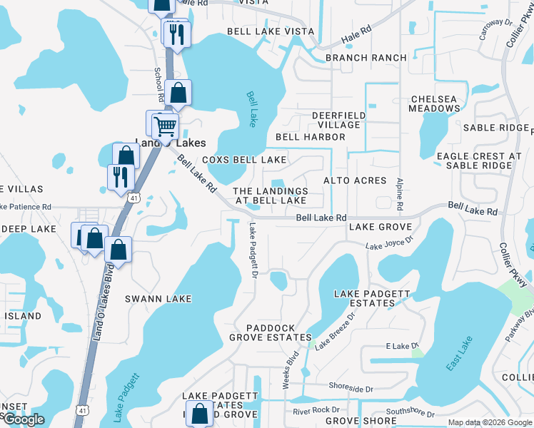 map of restaurants, bars, coffee shops, grocery stores, and more near 4003 Vessel Court in Land O' Lakes