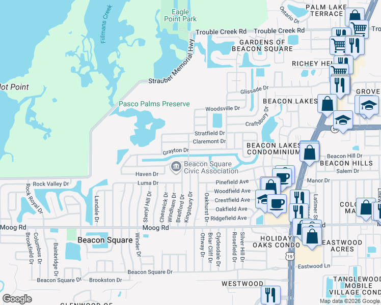 map of restaurants, bars, coffee shops, grocery stores, and more near 4024 Grayton Drive in New Port Richey