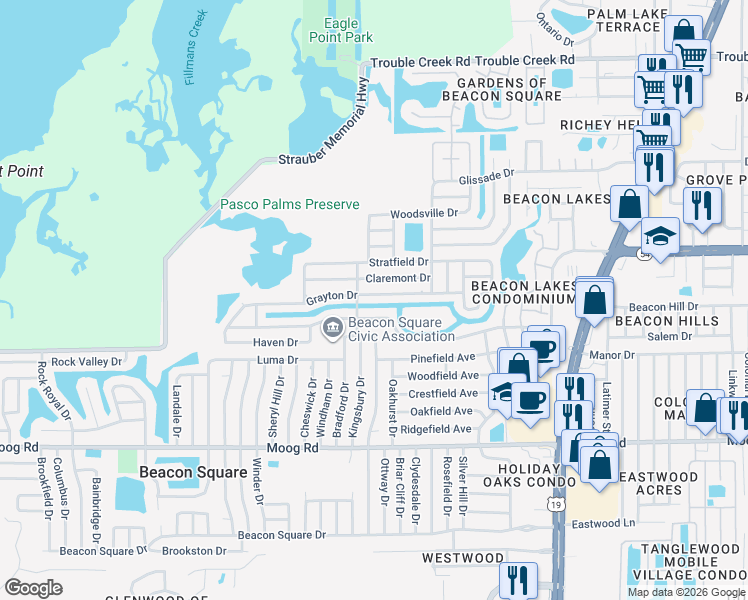 map of restaurants, bars, coffee shops, grocery stores, and more near 4024 Grayton Drive in New Port Richey