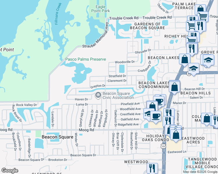 map of restaurants, bars, coffee shops, grocery stores, and more near 4024 Grayton Drive in New Port Richey