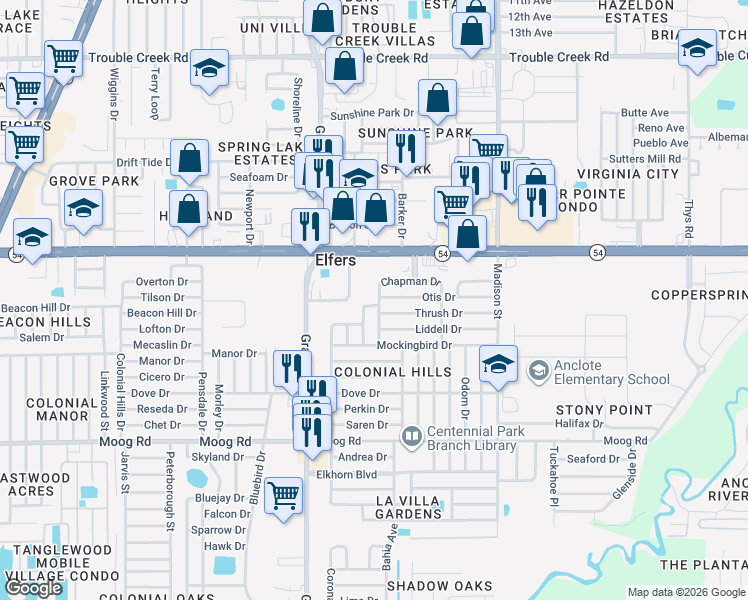 map of restaurants, bars, coffee shops, grocery stores, and more near 3835 Chaffey Drive in New Port Richey