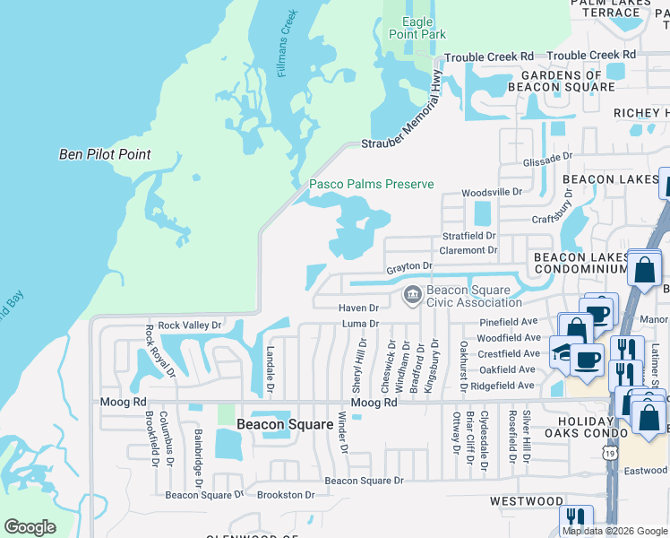 map of restaurants, bars, coffee shops, grocery stores, and more near 3705 Grayton Drive in New Port Richey