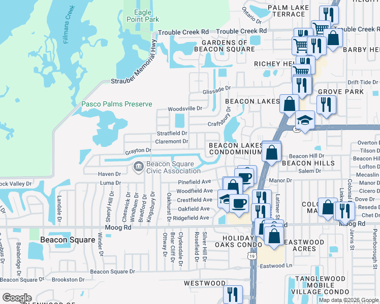 map of restaurants, bars, coffee shops, grocery stores, and more near 4152 Grayton Drive in New Port Richey